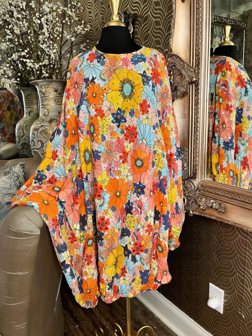 Celia B vibrant colorful beaded floral print kaftan